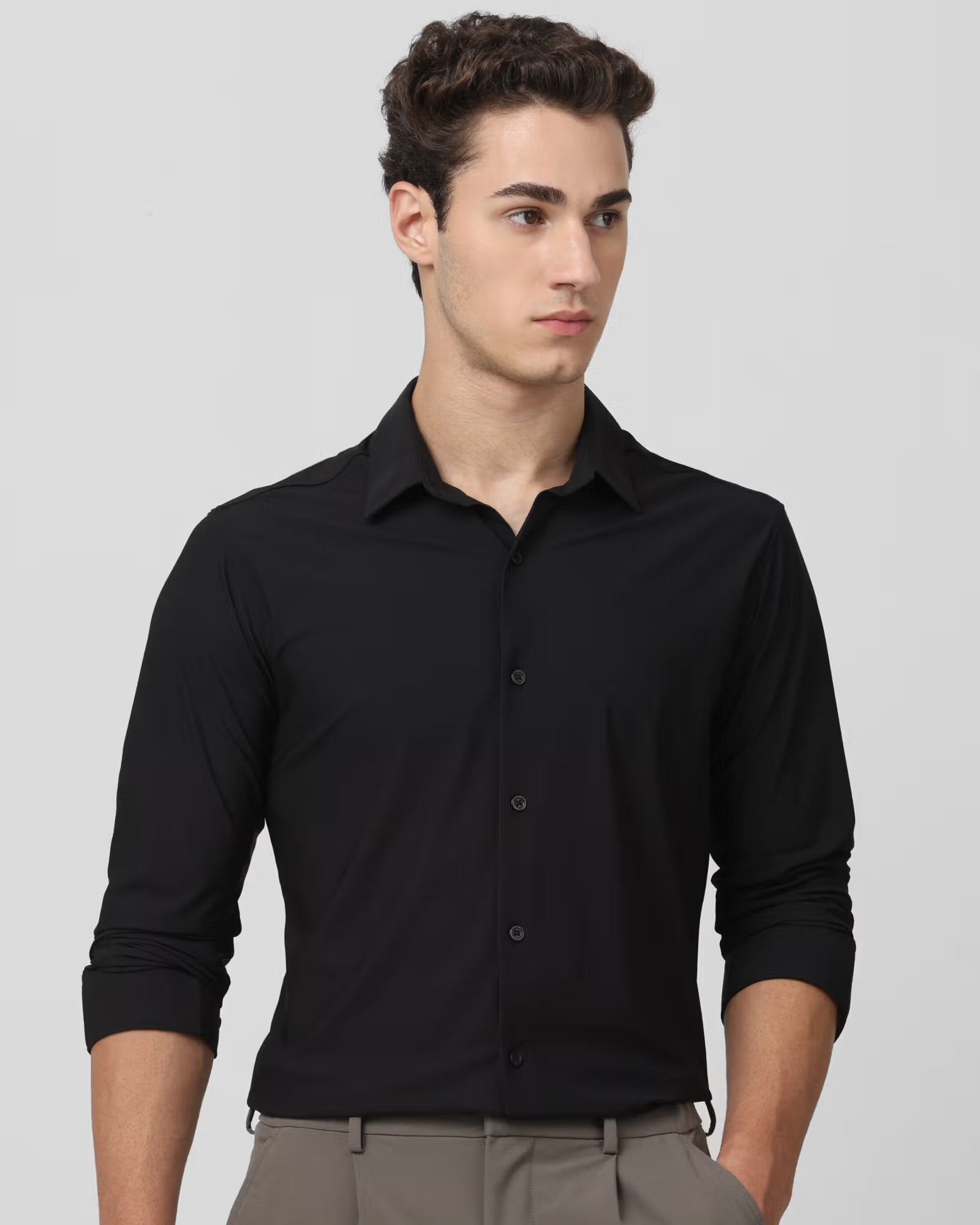 Black Stretch Plain Slim Fit Casual Shirt
