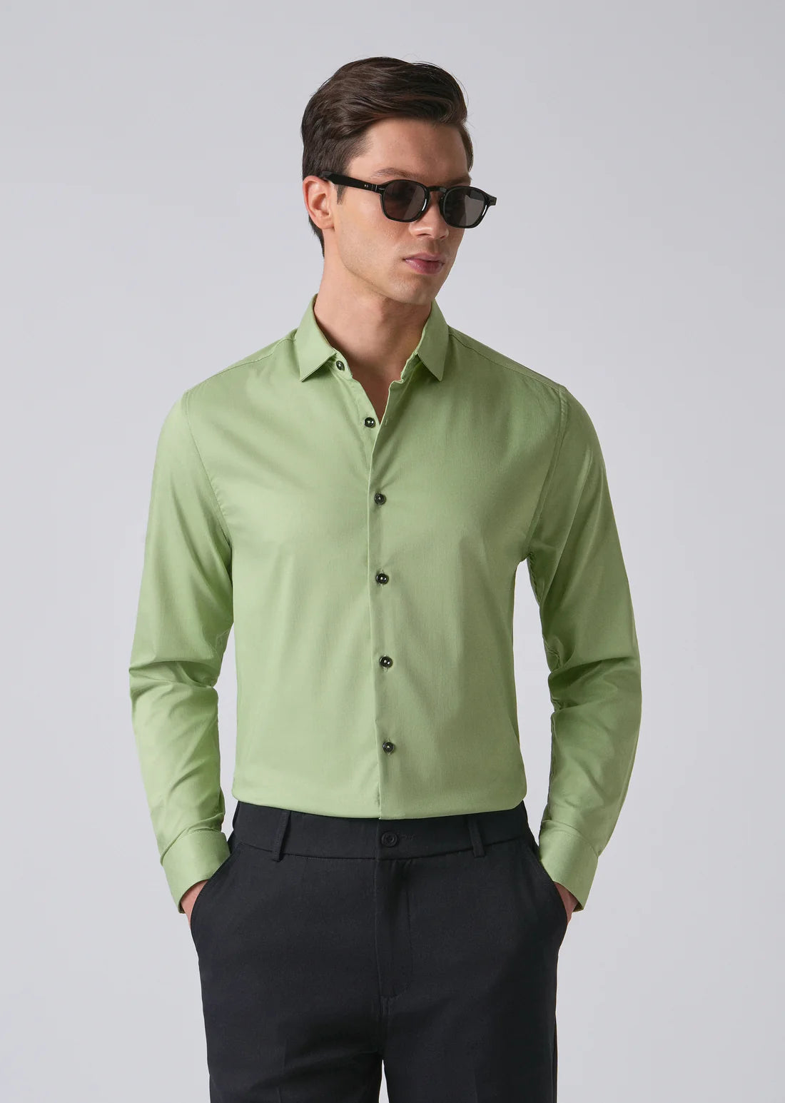 LIGHT GREEN COTTON STRETCH PLAIN SHIRT