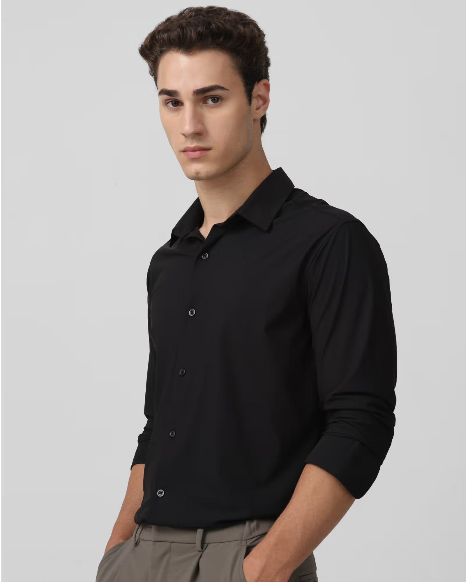 Black Stretch Plain Slim Fit Casual Shirt