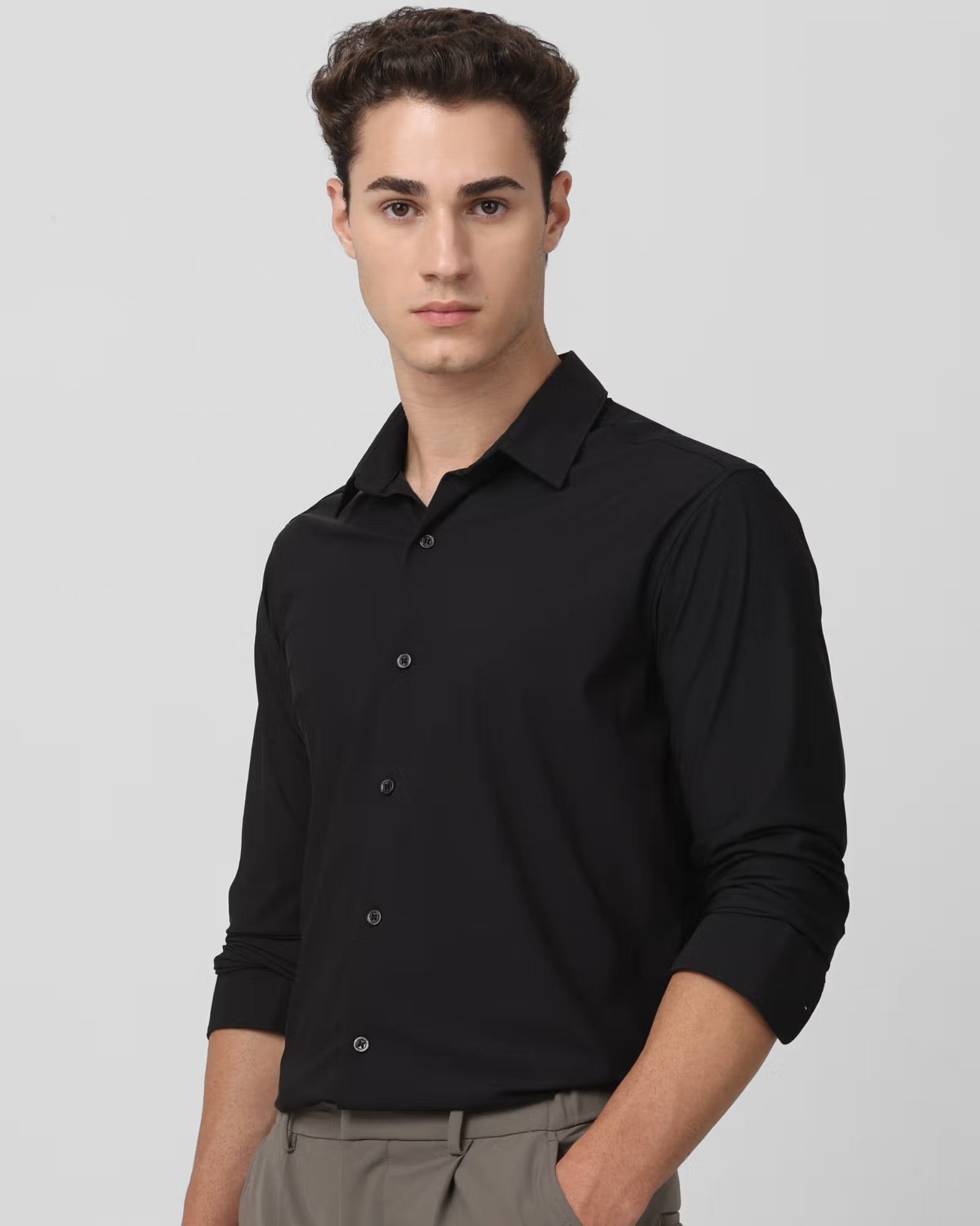 Black Stretch Plain Slim Fit Casual Shirt